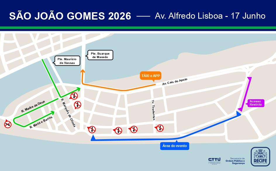 CTTU monta esquema especial de trânsito para o São João Gomes, no Bairro do Recife